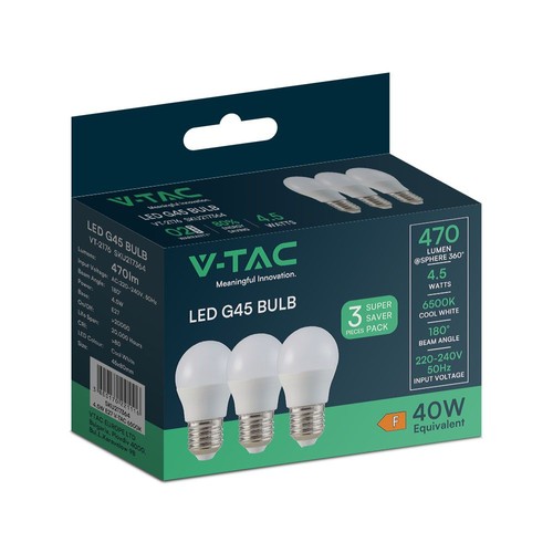 3 stk. E27 4,5W LED kronepærer - G45, 4000K, hvidt glas, 3-pak