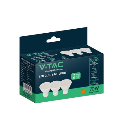 Vt-271 LED spotlight 10W GU10 - plast, med mælkehvidt dæksel, 6500K, 3 stk./pakke