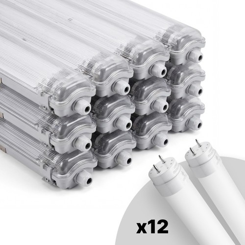 12 stk. Limea T8 LED dobbeltarmatur - Inkl. 24x18,5W 120cm LED rør, IP65 vandtæt