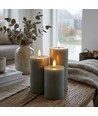 Sæt med 3 stk. LED Bloklys, grøn - Ø7,5cm, 10/12,5/15cm høj, virker m. fjernbetj, timer, ægte stearin