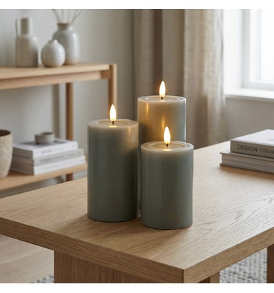 Sæt med 3 stk. LED Bloklys, grøn - Ø7,5cm, 10/12,5/15cm høj, virker m. fjernbetj, timer, ægte stearin