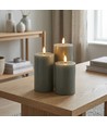 Sæt med 3 stk. LED Bloklys, grøn - Ø7,5cm, 10/12,5/15cm høj, virker m. fjernbetj, timer, ægte stearin