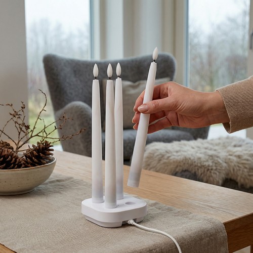 4-pak hvide LED stearinlys inkl. ladebase - Ø2cm, Højde: 25cm, kronelys, inkl. fjernb., timer