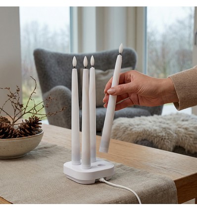 4-pak hvide LED stearinlys inkl. ladebase - Ø2cm, Højde: 25cm, kronelys, inkl. fjernb., timer