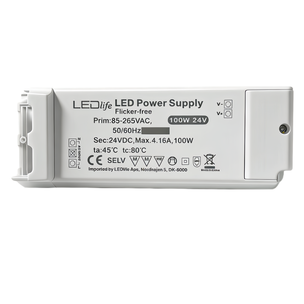 100W / 24V DC strømforsyning - 4,16A, IP20 indendørs, Flicker free