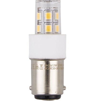 BA15d 2W LED rørpære, 10-30V - 4,7cm, 190lm, klar glas, 2700K