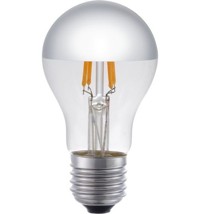 E27 4W dæmpbar LED kronepære med topforsølvning - A55, 250lm, 2500K, sølv top, filament