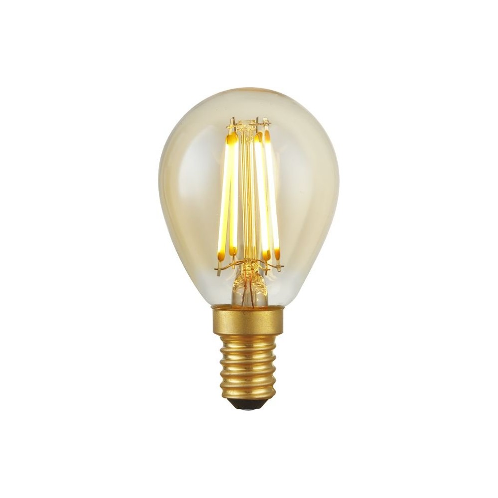 E14 4,7W dæmpbar LED kronepære - G45, filament, 2200K, guld glas, 470lm - Dæmpbar : Dæmpbar, Kulør : Ekstra varm