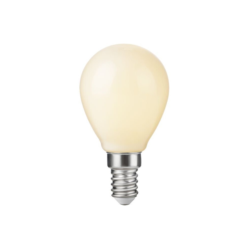E14 4,7W dæmpbar LED kronepære - G45, filament, opal glas, 2500K, 470lm - Dæmpbar : Dæmpbar, Kulør : Ekstra varm