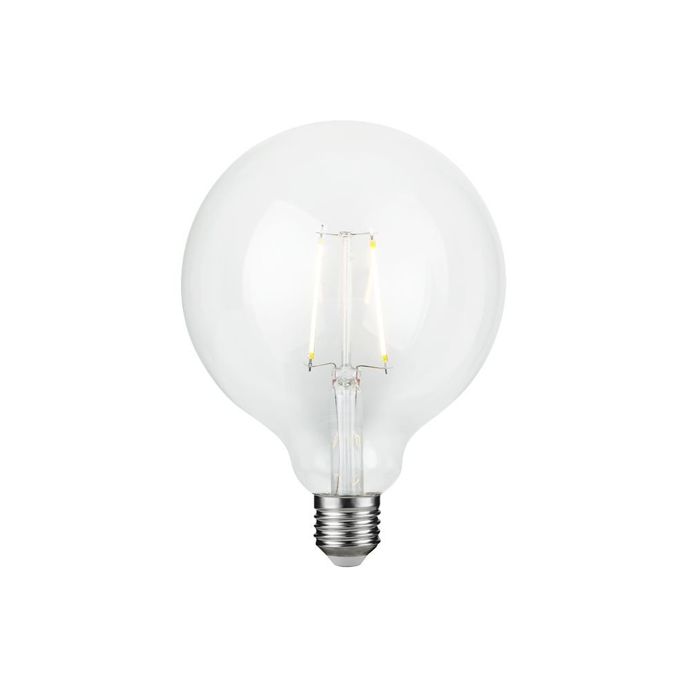 E27 2,5W dæmpbar LED filament pære - G125 Globe, 250lm, 2500K, klart glas - Dæmpbar : Dæmpbar, Kulør : Ekstra varm