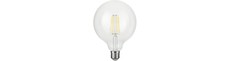 E27 4,7W dæmpbar LED filament pære - G125, 470lm, 2500K, klart glas
