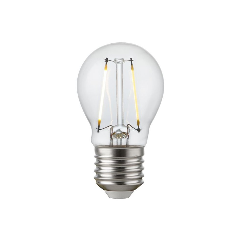 E27 2,5W dæmpbar LED kronepære - G45, filament, klart glas, 2700K - Dæmpbar : Dæmpbar, Kulør : Varm