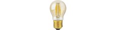 E27 4,7W dæmpbar LED kronepære - G45, filament, gyldent glas, 2200K, 470lm