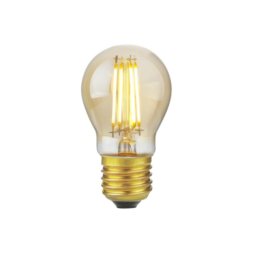 E27 4,7W dæmpbar LED kronepære - G45, filament, gyldent glas, 2200K, 470lm - Dæmpbar : Dæmpbar, Kulør : Ekstra varm