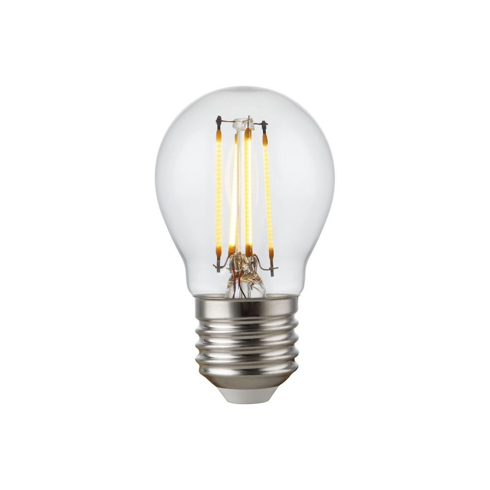 E27 4,7W dæmpbar LED kronepære - G45, filament, klart glas, 2700K - Dæmpbar : Dæmpbar, Kulør : Varm