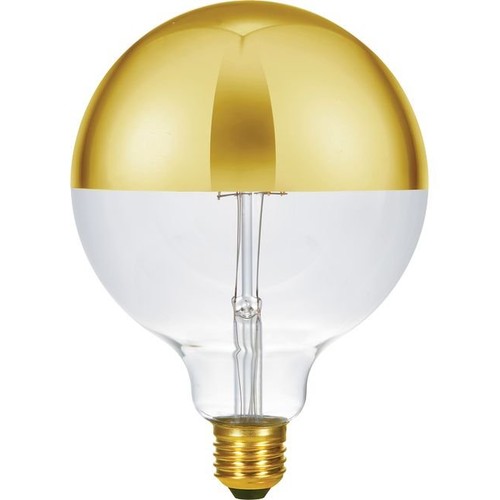 E27 6,5W dæmpbar LED kronepære - G125, Topforspejlet guld, filament, 2500K