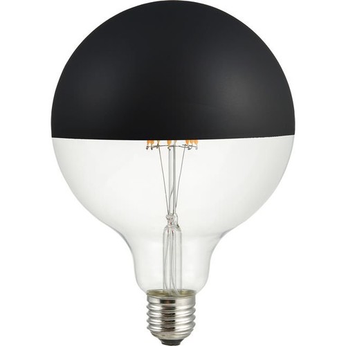 E27 6,5W dæmpbar LED kronepære - G125, topforspejlet sort, filament, 2500K, 470lm