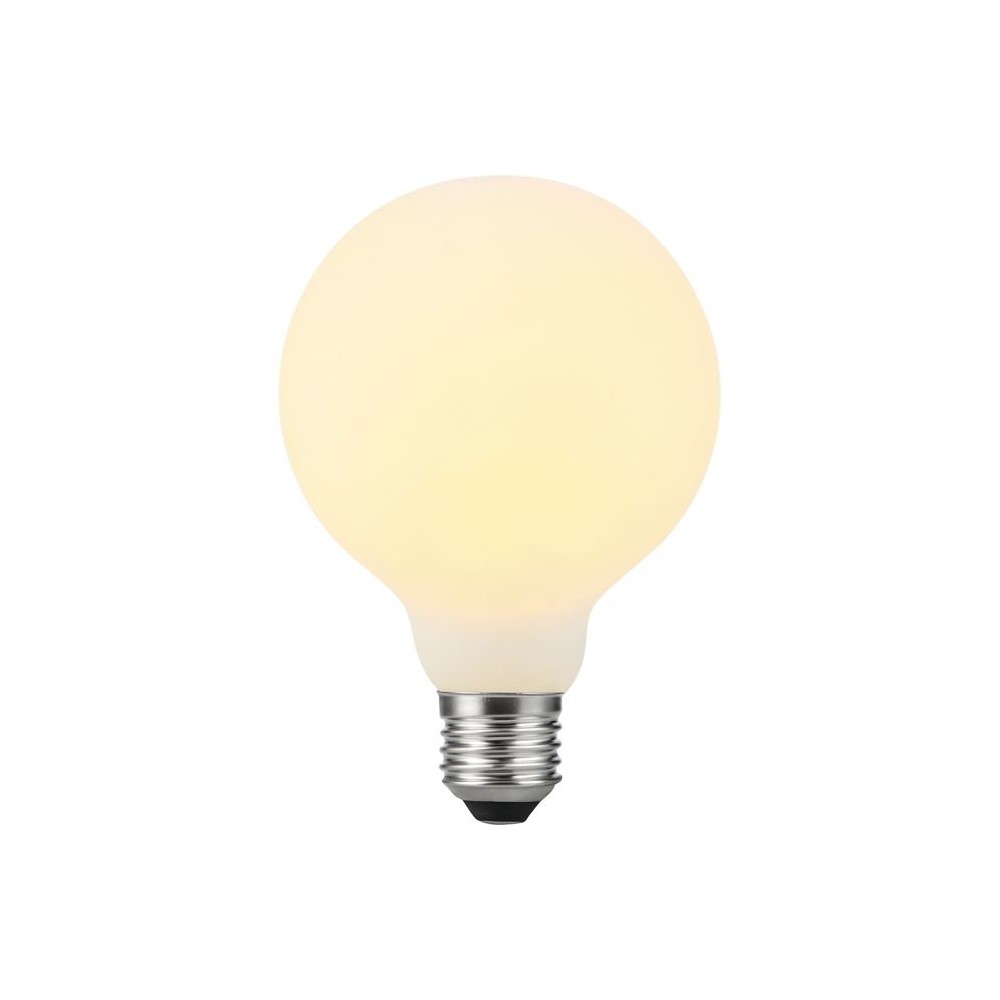 E27 5,5W dæmpbar LED pære - G95, filament, mat hvid, 550lm, 2500K - Dæmpbar : Dæmpbar, Kulør : Ekstra varm