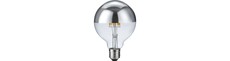 E27 6,5W dæmpbar LED kronepære - G95, topforsølvet, filament, 2500K, sølv top, 470lm