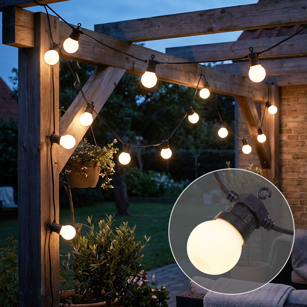 5m LED lyskæde med 10 stk. pærer - Varm hvid kulør, IP44, 230V, 0,5W pærer billede