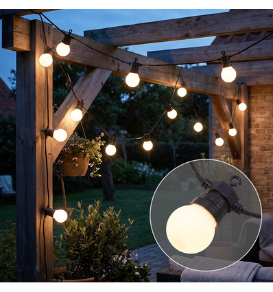 5m LED lyskæde med 10 stk. pærer - Varm hvid kulør, IP44, 230V, 0,5W pærer