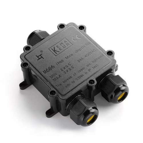 Sort samledåse til videresløjfning, 3 ledet - IP68 vandtæt, til samling af ledninger, Ø4-8mm kabel