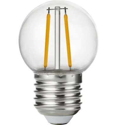 E27 1,5W LED kronepære - G45, filament, brudsikker, klar plast, 2700K