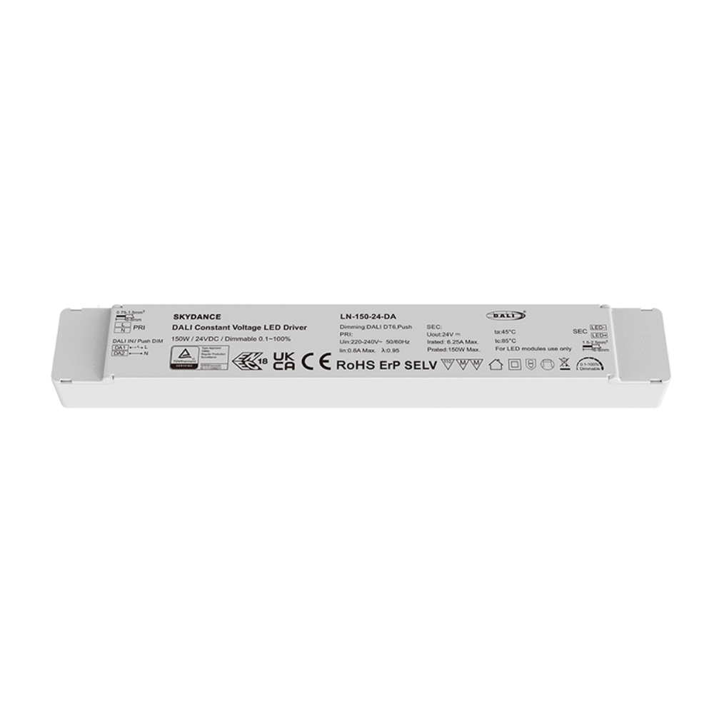 150W / 24V DC dæmpbar strømforsyning - 6.25A, IP20, DALI2 interface + push dim, flicker free