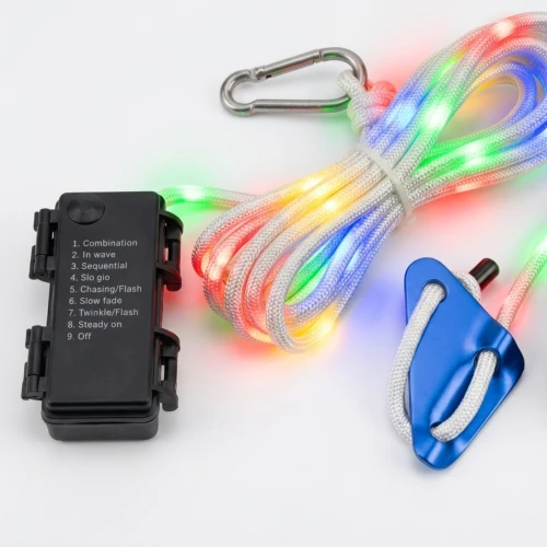 5m hvidt reb med RGB lys - Med karabinhage, maks. 80kg belastning