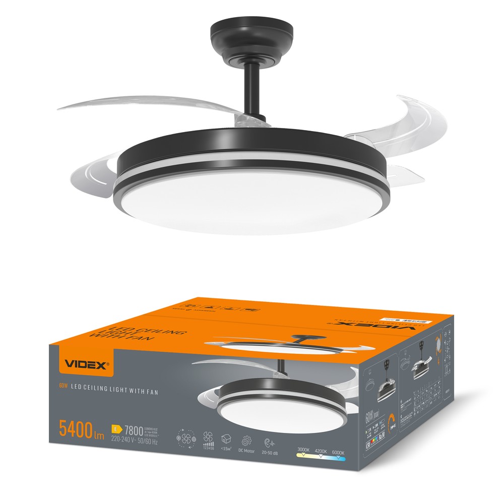 60W LED loftslampe med ventilator - CCT, sort, inkl. fjernbetjening - Dæmpbar : Via fjernbetjening, Kulør : Varm