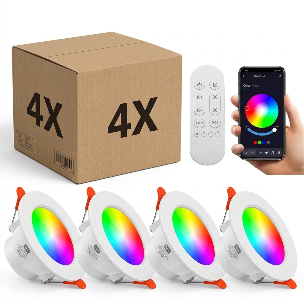 4 stk. RGB+CCT Smart Home downlight - 5W LED, Bluetooth, fjernbetjening - Dæmpbar : Via Smart Home, Kulør : RGB + CCT (Varm til Kold Hvid)