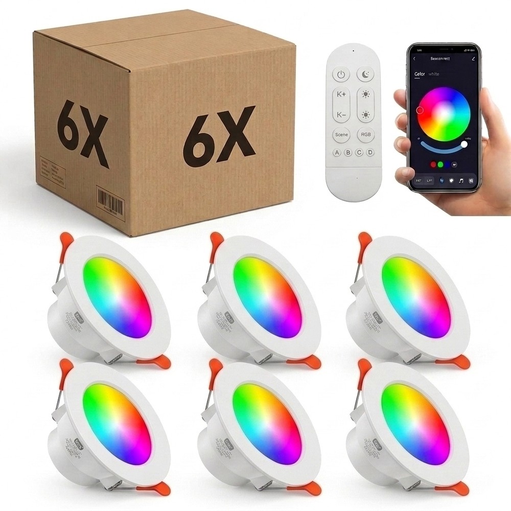 6 stk. RGB+CCT Smart Home downlight - 5W LED, Bluetooth, fjernbetjening, virker med Google Home, Alexa og smartphones - Dæmpbar : Via Smart Home, Kulør : RGB + CCT (Varm til Kold Hvid)