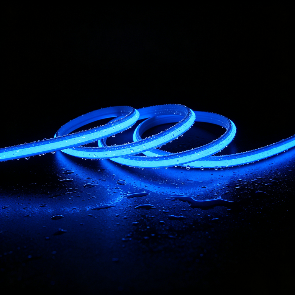 5m 9W/m Blå Slim COB strip - 230V, IP67 vandtæt, 296 LED, kan klippes for hver 10cm - Forpakning : 10m inkl. stik