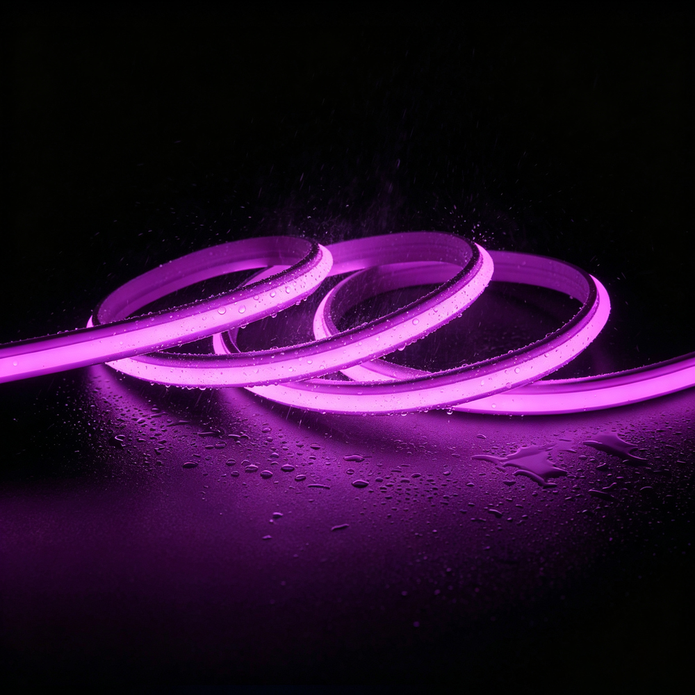 5m 9W/m Lilla/pink Slim COB strip - 230V, IP67 vandtæt, 296 LED, kan klippes for hver 10cm - Forpakning : 10m inkl. stik