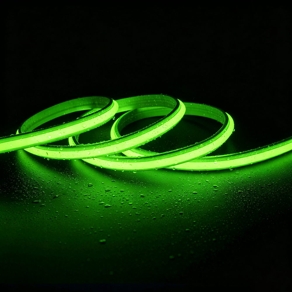 5m 9W/m Grøn Slim COB strip - 230V, IP67 vandtæt, 296 LED, kan klippes for hver 10cm - Forpakning : 10m inkl. stik