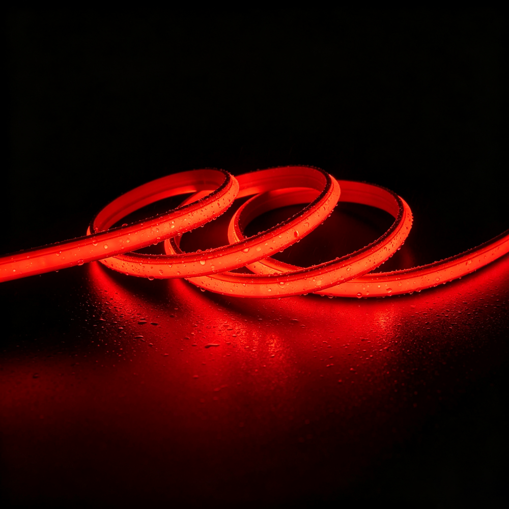5m 9W/m Rød Slim COB strip - 230V, IP67 vandtæt, 296 LED, kan klippes for hver 10cm - Forpakning : 10m inkl. stik