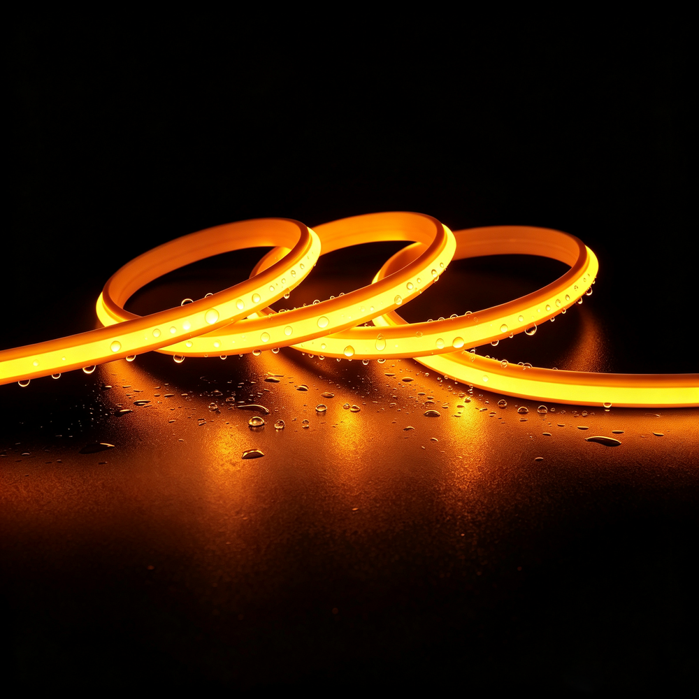 5m 9W/m Gul Slim COB strip - 230V, IP67 vandtæt, 296 LED, kan klippes for hver 10cm - Forpakning : 10m inkl. stik