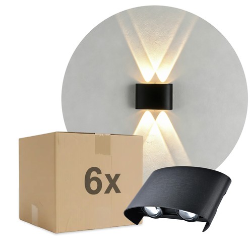 6 stk. 4W CURVE væglampe - IP65, sort, op/ned, udendørs, inkl. lyskilde
