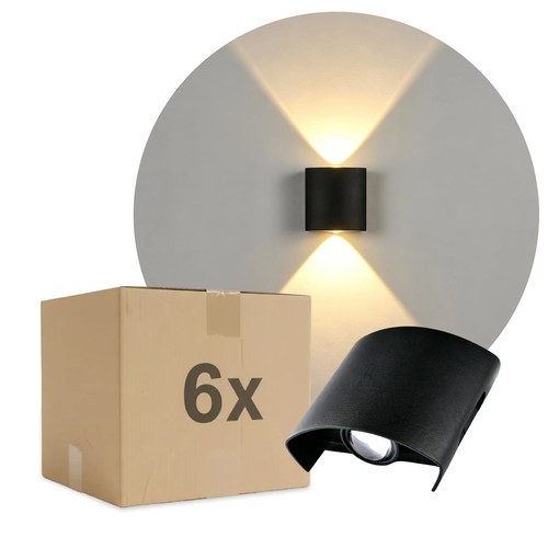 6 stk. 2W CURVE væglampe - IP65, sort, op/ned, udendørs, inkl. lyskilde