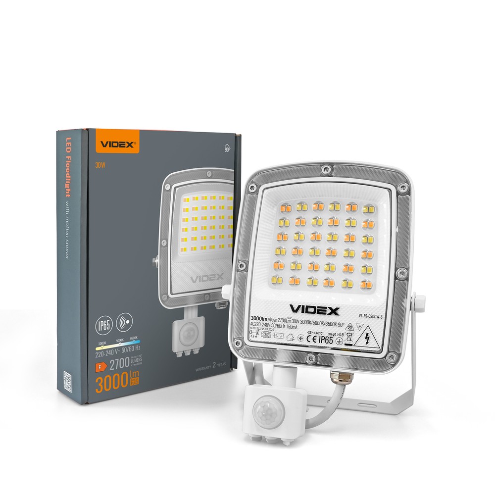 30W LED projektør med sensor - CCT, IP65, PIR bevægelsessensor, sort kabinet - Kulør : Varm