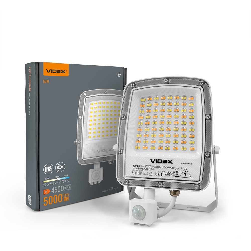 50W LED projektør med sensor - CCT, IP65, bevægelsessensor, udendørs - Kulør : Varm