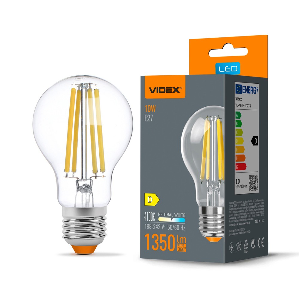 E27 10W LED filament pære - A60, neutral hvid - Kulør : Neutral
