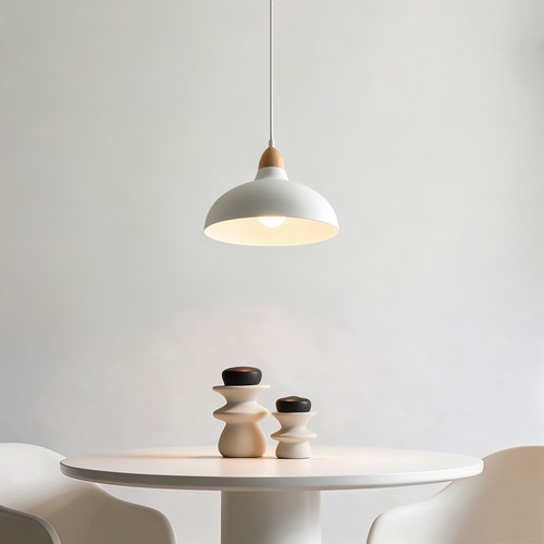 BIRK Hvid Ø19cm pendel - E27 fatning, 2m ledning, Metal / Træ