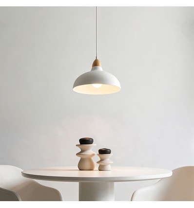 BIRK Hvid Ø24cm pendel - E27 fatning, 2m ledning, Metal / Træ