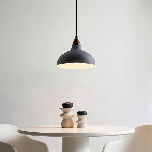BIRK Grå Ø24cm pendel - E27 fatning, 2m ledning, Metal / Træ