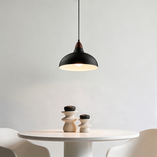 BIRK Sort Ø19cm pendel - E27 fatning, 2m ledning, Metal / Træ