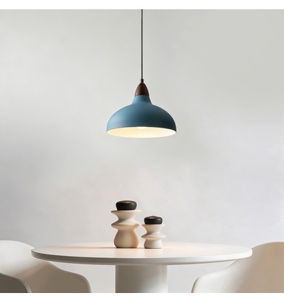 BIRK Petrolumsblå Ø19cm pendel - E27 fatning, 2m ledning, Metal / Træ