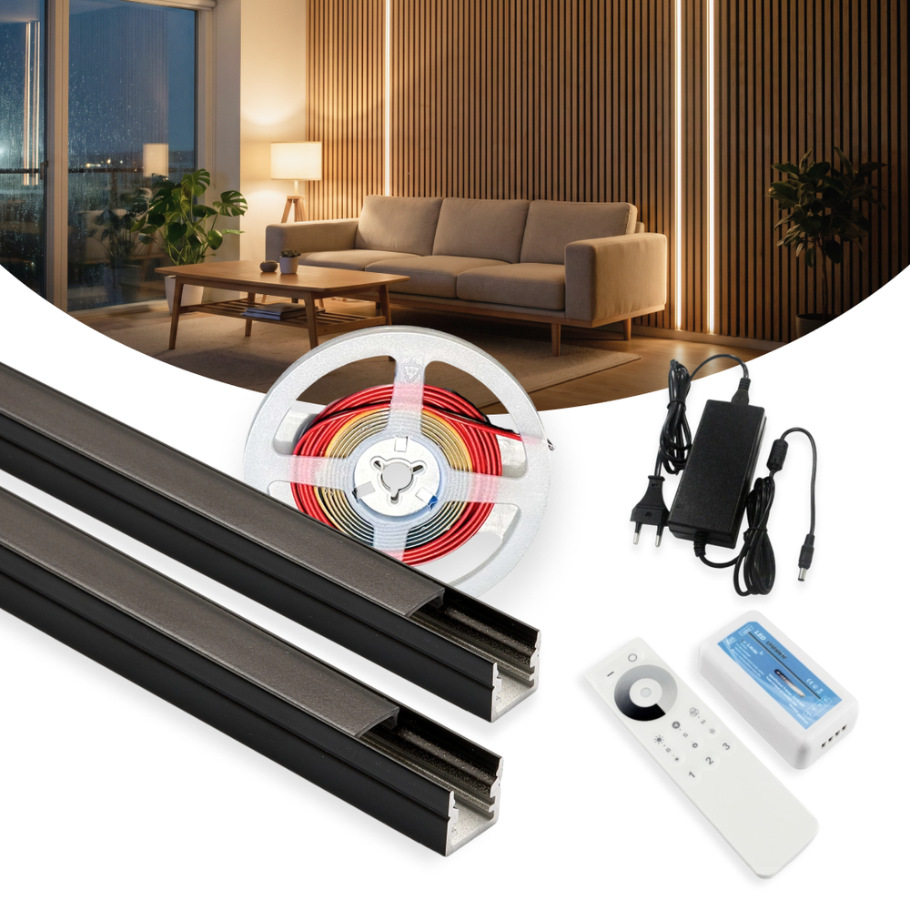 240cm LED Akustikpanel-sæt, sort - 2 stk. CCT LED strips (240cm) m. 78W strømforsyning - WiFi eller RF - Dæmpbar : Via Smart Home