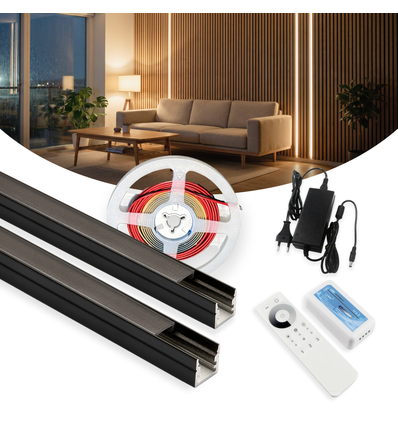 240cm LED Akustikpanel-sæt, sort - 2 stk. Enkeltfarvet LED strips (240cm) m. 78W strømforsyning - WiFi eller RF