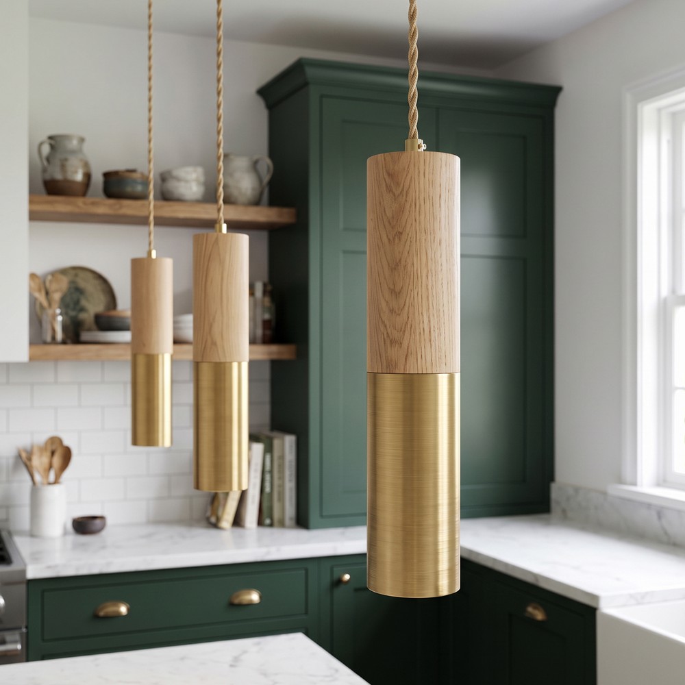 MALM E14 cylinder pendel guld/træ - 2m ledning, med roset, uden lyskilde.